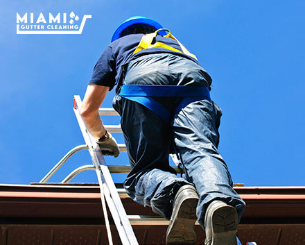 Technician on Ladder Calculating Gutter Cleaning Cost