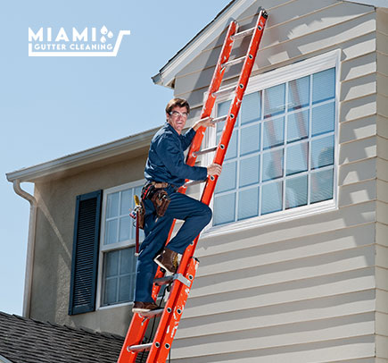 Man on Ladder Working on Gutter Service