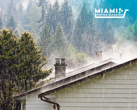 Wood Cabin With Gutter System Overflowing in Heavy Rain