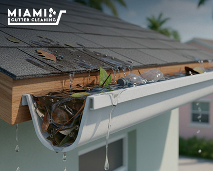 A close-up cross-section illustration showing water backing up inside a clogged gutter, rising above the drip edge, and seeping underneath asphalt roof shingles.