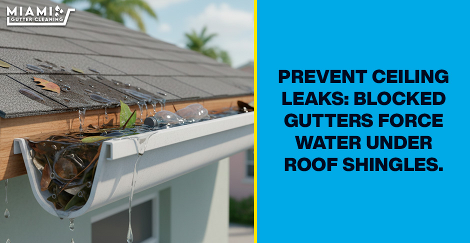 A close-up cross-section illustration showing water backing up inside a clogged gutter, rising above the drip edge, and seeping underneath asphalt roof shingles.