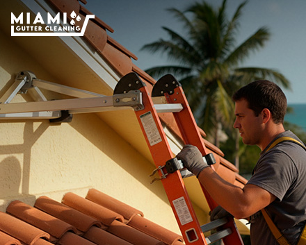A close-up shot showing a technician utilizing a professional ladder stand-off device anchored securely against a Miami home's exterior wall, keeping the ladder completely off the fragile Spanish clay tile edge.