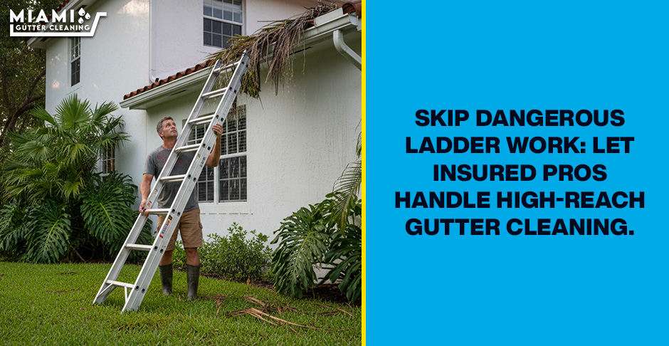 A homeowner looking nervously up at a high, clogged two-story gutter while holding an unstable extension ladder on soft lawn soil.