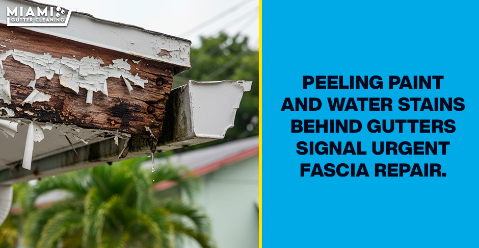 Visual: Close-up shot showing peeling paint and dark water stains on a wooden fascia board behind a sagging gutter channel.