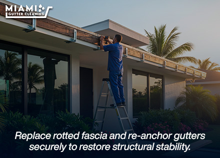 A technician from our maintenance division replacing rotted fascia wood and installing heavy-duty internal screw hangers.